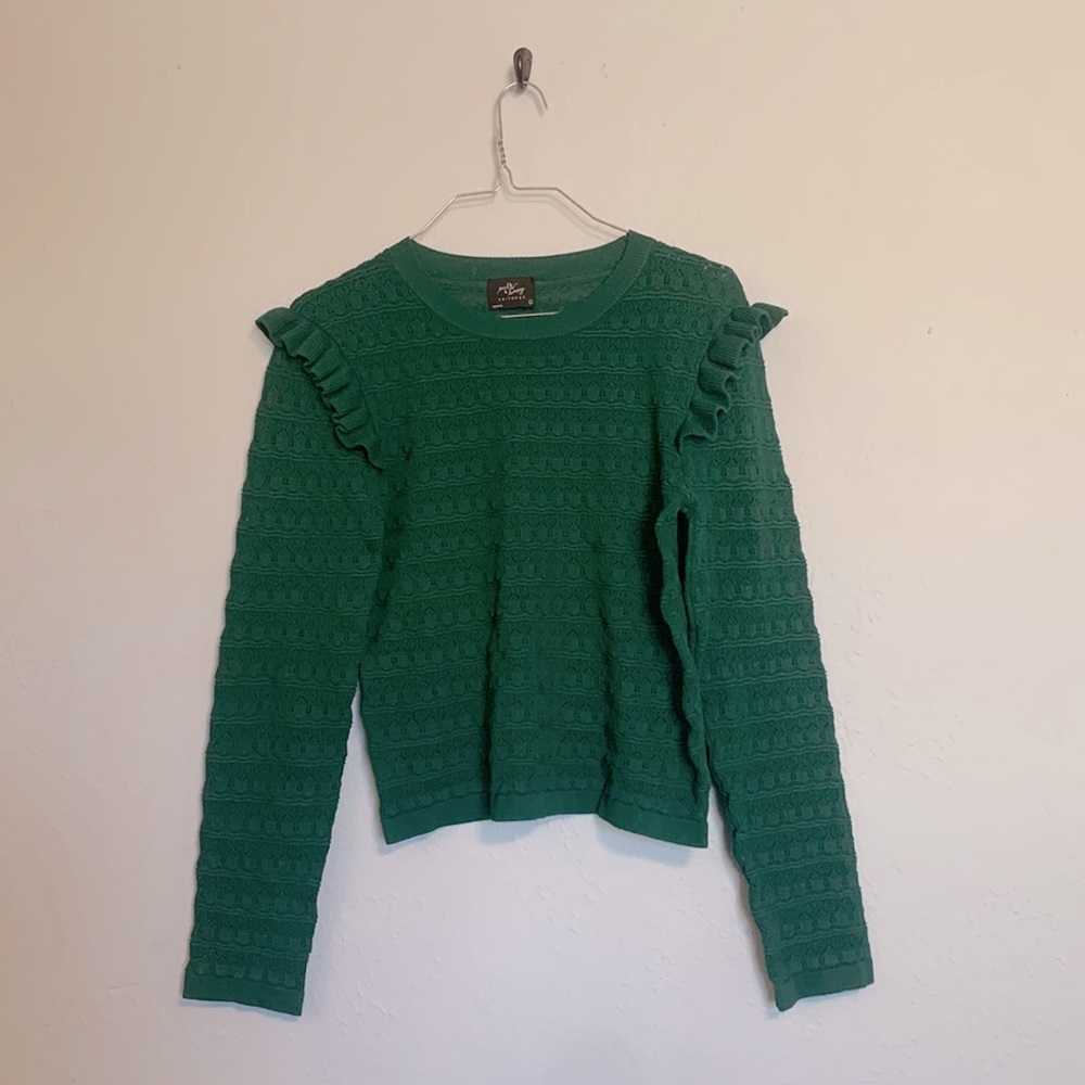 Milk & Honey Women's Size L Green Knit Ruffle Long Sleeve Pointelle Sweater Top - Picture 2 of 10